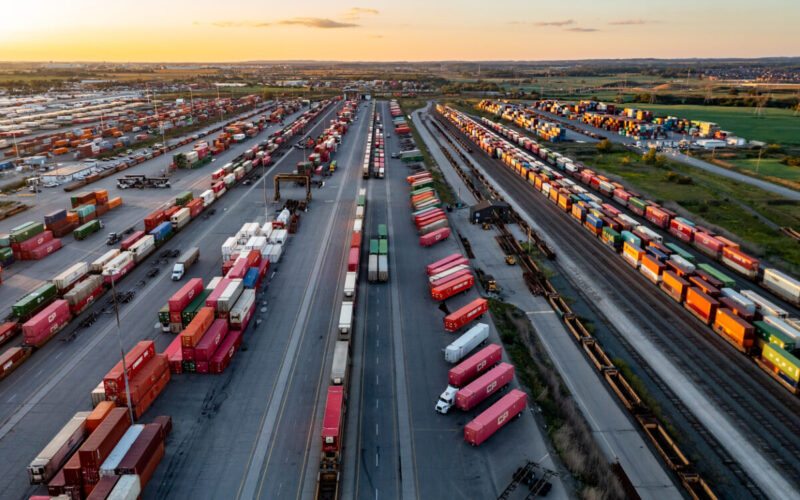 Canadian Pacific Railway Vaughan Intermodal Terminal in Kleinburg at dusk, Ontario, Canada.