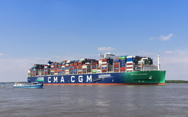 Stade, Germany - June 25, 2021: One of nine sister ships and largest LNG powered ships of the world, container vessel CMA CGM CONCORDE on Elbe river heading to Hamburg.